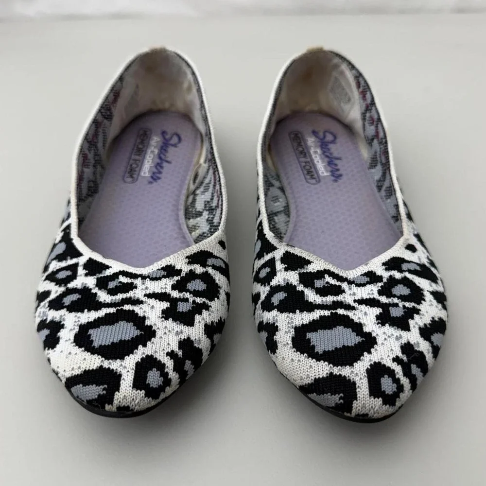 Skechers Leopard Print Ballet Flats White Black 44886 Women US 7.5